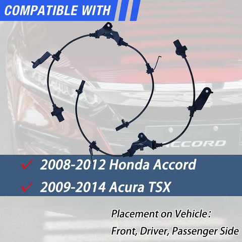 Premium Abs Wheel Speed Sensor Pair For Front Left And Right Install On Honda Accord 2008 Through 2012 And Acura Tsx 2009 Up To 2014 shown from above, highlighting compatibility.