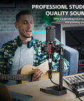 XLR Podcast Microphone Professional Cardioid Condenser Mic Kit on desktop stand with mixer and performer playing guitar nearby