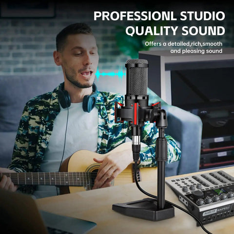 XLR Podcast Microphone Professional Cardioid Condenser Mic Kit on desktop stand with mixer and performer playing guitar nearby