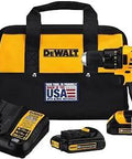 20V Max LiIon Compact Drill Driver Kit With Two Speed Transmission, ergonomic handle, charger, and case displayed