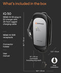 Plug-in Smart EV Charger 9.6kW With Wi-Fi Scheduling NEMA 14-50 Plug 25ft ruggedized charging cable and user guide.