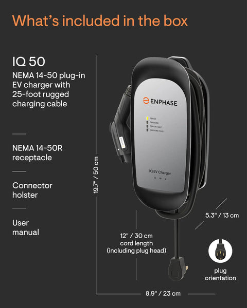 Plug-in Smart EV Charger 9.6kW With Wi-Fi Scheduling NEMA 14-50 Plug 25ft ruggedized charging cable and user guide.