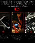 Image showing frustration with low phone battery in car, highlighting charging issues when on the road.