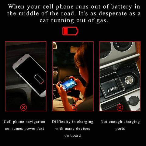 Image showing frustration with low phone battery in car, highlighting charging issues when on the road.