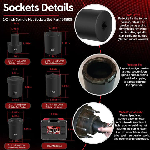 Diagram of Five Piece Spindle Nut Socket Tool Kit One Half Inch Drive For Ford Dana 50 60 Chevy Dodge SUVs And Light Trucks showing socket sizes and details.