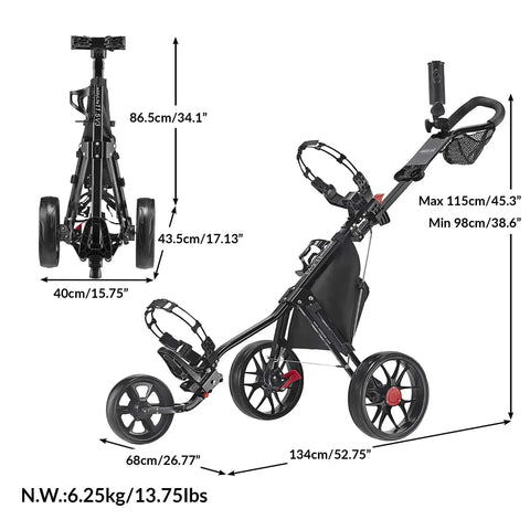 Ultra Lightweight Aluminum 3 Wheel Golf Push Cart With Quad Fold Frame EVA Wheels and adjustable handle illustration