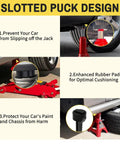 Heavy Duty Jack Pad Adapter Set For BMW And Mini Four Piece Rubber Pucks And Dual Use Axle Saddle Adapters With Work Gloves And Storage Bag Protects Frame Pinch Welds From Floor And Bottle Jacks During Tire Changes shown in use with text descriptions