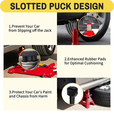 Heavy Duty Jack Pad Adapter Set For BMW And Mini Four Piece Rubber Pucks And Dual Use Axle Saddle Adapters With Work Gloves And Storage Bag Protects Frame Pinch Welds From Floor And Bottle Jacks During Tire Changes shown in use with text descriptions