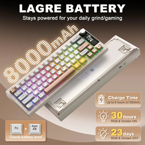 Slick Wireless Mechanical Keyboard Featuring Sixty Eight Keys In Warm Beige with 8000mAh battery and customizable TFT screen.