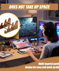 Three Tier Wooden Keyboard Display Stand For Desk And Computer Setup with multi-layered design shown on gaming setup