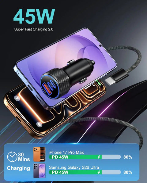 Hella Fast 93W Usb C Car Charger With 45W And 30W Pps Ports Pd3.0 Quick Charge For Iphone 17 16 15 Pro Max Galaxy S26 S25 S22, charging mobile devices.
