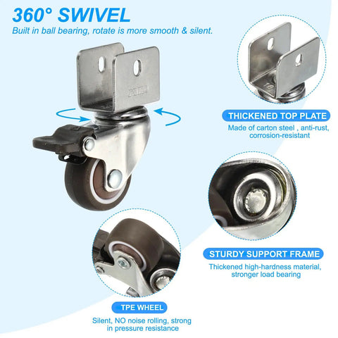 No Fuss Heavy Duty Swivel Caster Wheels With 5 7 Inch U Brackets And Solid Locking Brake For Easy Furniture Table Cabinet Swaps Roll Like Butter In Just A Snap Four Pack featuring 1.25 inch TPE wheel and thickened top plate.