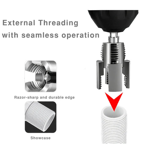 Gcoujrl Dual-Function Pipe Threading Tool Kit For PVC Pipes With Screw Extractor And Sealant Tape Electric Drill Compatible showcasing external threading detail.