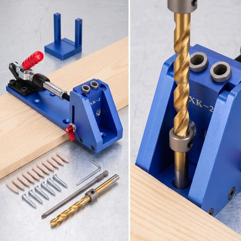 Top Notch Pocket Hole Jig With Adjustable Clamp For Woodworking Pros Who Want Flawless Cabinet Doors And Furniture Builds Every Single Time Using Heavy Duty Drill Guide System, blue jig on wood with drill bit and accessories