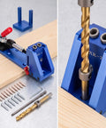 Must Have Pocket Hole Jig Kit With Hardened Guide Bushings And Aluminum Stand For DIY Furniture Building Cabinet Joinery Woodworking Projects And Home Repair Jobs That Look Totally Professional pocket hole jig on wood with drill bit and screws