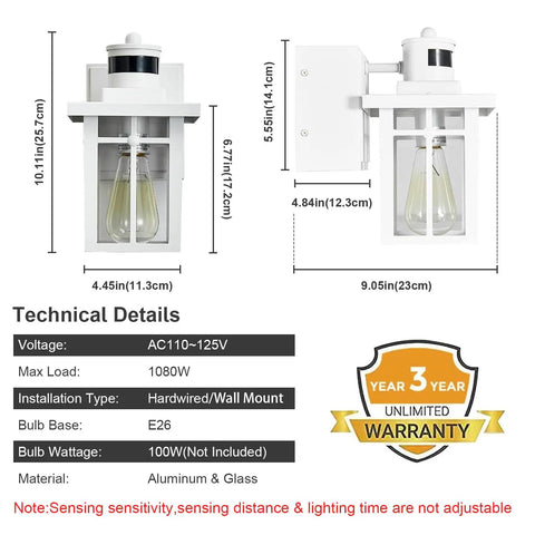 White porch light with built-in GFCI outlet and dusk to dawn motion sensor, waterproof exterior lamp specs and warranty