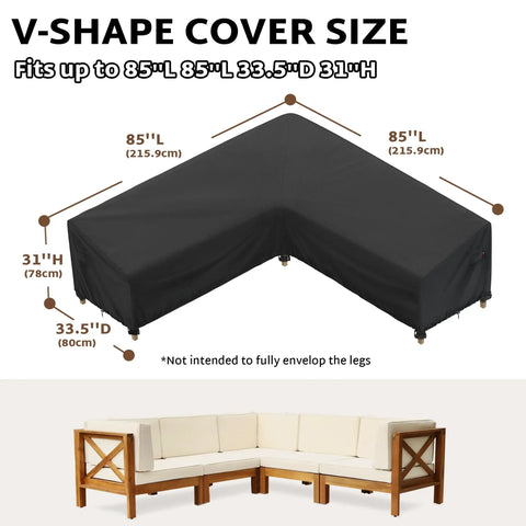 Outdoor L Shaped Sectional Sofa Cover Fits 82x82 to 85x85 Inches Waterproof Weatherproof Beefy 600D Tough as Nails Garden Furniture Cover displayed on a diagram