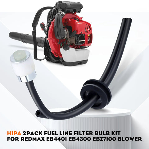 Go To Fuel Line Primer Bulb Kit For RedMax Trimmers And Leaf Blowers, shown with fuel line assembly and leaf blower in background.