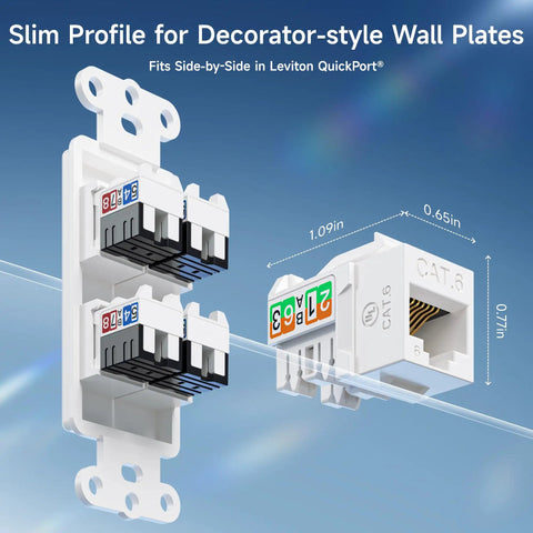 Ultra Slim Cat6 Keystone Jacks 25-Pack For Rapid Install 10Gbps RJ45 With Punch-Down Stand No-Fuss Setup, UL Listed, White