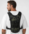 Back view of man wearing Hands Free Tactical Chest Pack for Men Lightweight Hydration Bag With Gear Holder Reflective Outdoor Chest Pack.