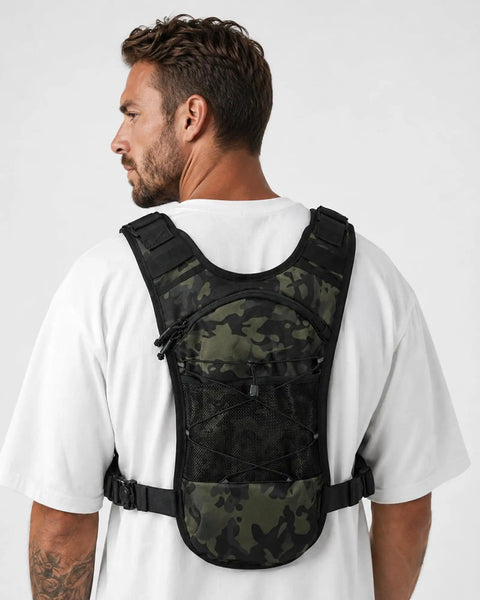 Back view of man wearing Hands Free Tactical Chest Pack for Men Lightweight Hydration Bag With Gear Holder Reflective Outdoor Chest Pack.
