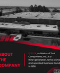 Black and white aerial view of E-Z Lok company building with text about the family-owned business since 1956.