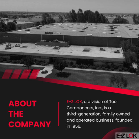 Black and white aerial view of E-Z Lok company building with text about the family-owned business since 1956.