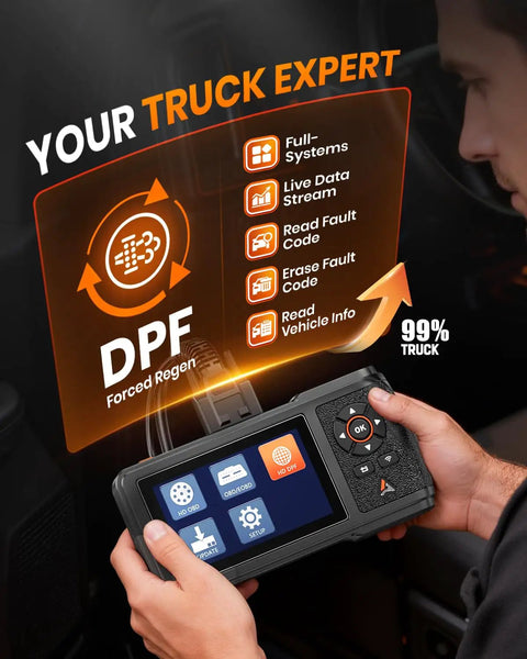 Heavy Duty Truck Diagnostic Scanner With DPF Regen And Forced Reset For Paccar And Detroit Engines shown in use