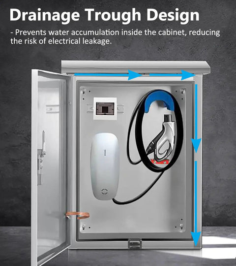 Drainage trough design of Badass Stainless Steel EV Charger Cover With Auto Lock And Secure Wall Mount Bracket for Tesla.