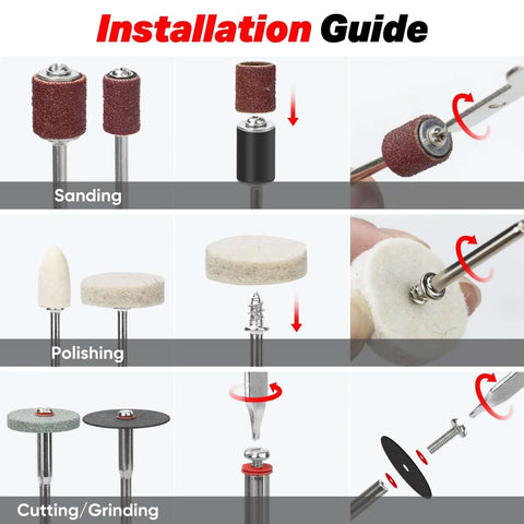 Shall 508-Piece Rotary Tool Accessories Kit with carrying case; collage of sanding, polishing, and cutting/grinding bits.