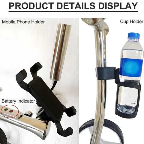 Electric Golf Push Cart With Wireless Remote And Three Wheel Frame for Mobile phone holder and cup holder details.