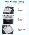One-Press Ice-Making steps for Grab And Go Countertop Nugget Ice Maker; includes water filling and ready ice in 4 mins.