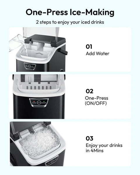 One-Press Ice-Making steps for Grab And Go Countertop Nugget Ice Maker; includes water filling and ready ice in 4 mins.