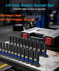 Set of 22 CR-MO steel deep impact sockets with storage case in workshop; Half Inch Drive Deep Heavy Duty Impact Socket Set Pro Grade 22-Piece CR-MO Steel 6-Point Sockets For Impact Wrench SAE And Metric Sizes For Auto Truck And Machinery Repair