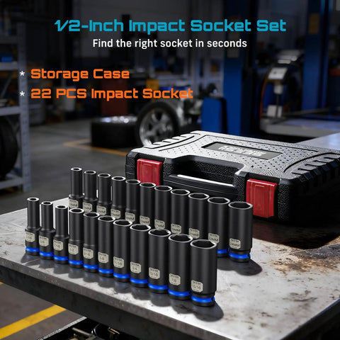 Set of 22 CR-MO steel deep impact sockets with storage case in workshop; Half Inch Drive Deep Heavy Duty Impact Socket Set Pro Grade 22-Piece CR-MO Steel 6-Point Sockets For Impact Wrench SAE And Metric Sizes For Auto Truck And Machinery Repair