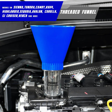 Threaded funnel from 64mm Oil Filter Wrench Kit With Drain Hose And Engine Oil Funnel For Toyota Lexus Scion 2.0L-5.7L shown on engine
