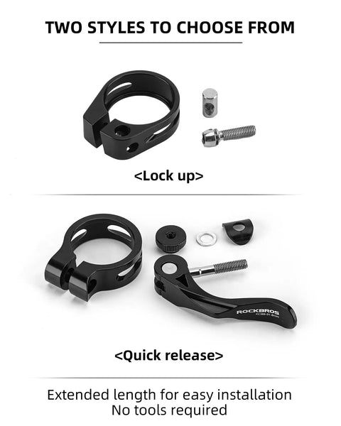 "Two styles of bike seat post clamp, lock-up and quick-release options shown with components included"