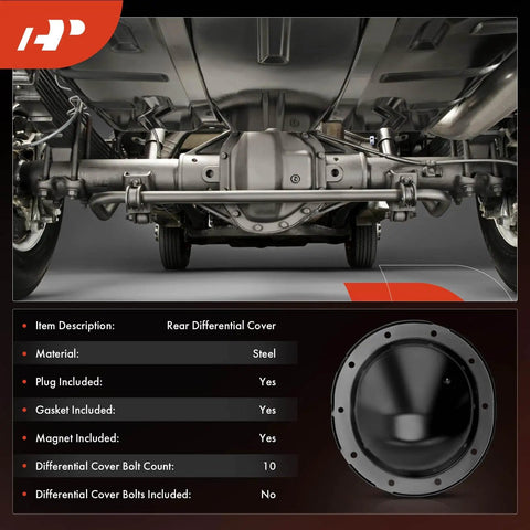 Heavy Duty Ring Gear Rear Differential Cover with Gasket for GM 8.5 or 8.625 Inch Axles shown under vehicle