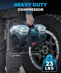 Hassle Free 12 Volt Four Cylinder Fast Tire Inflator With Smart Auto Stop Digital Readout held by a person near a tire.