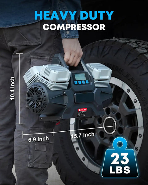 Hassle Free 12 Volt Four Cylinder Fast Tire Inflator With Smart Auto Stop Digital Readout held by a person near a tire.