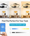 Black Bladeless Ceiling Fan With Light, Low Profile Flush Mount Indoor Fixture in various light settings with remote control app interface.