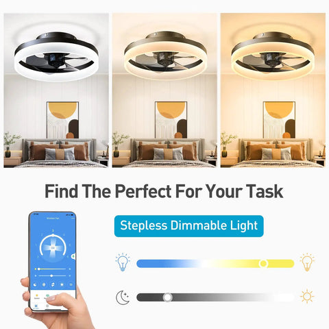 Black Bladeless Ceiling Fan With Light, Low Profile Flush Mount Indoor Fixture in various light settings with remote control app interface.