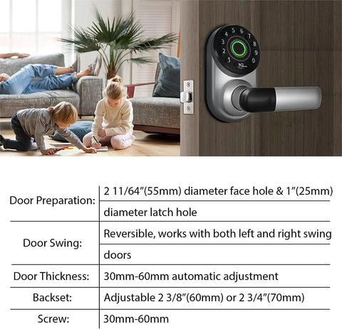 Smart Fingerprint Door Lock With Keyless Entry, WiFi And Bluetooth, Reversible Handle, Biometric Deadbolt With Keypad, shown on door
