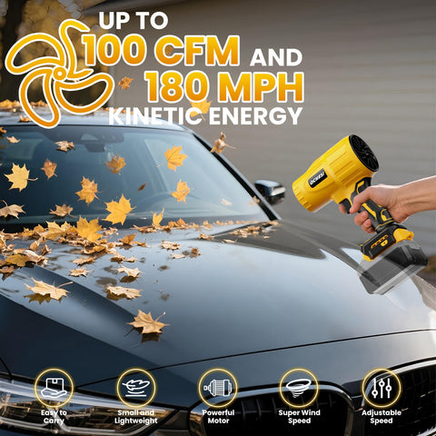 Cordless 20V Max Leaf Blower With 40000 RPM Brushless Motor in use blowing leaves off car hood