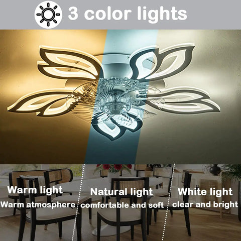 Cool Flower LED Dimmable Ceiling Fan With Light 25.6 Inch Bladeless Ceiling Fan Remote Control 6 Speeds Reversible