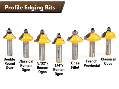 Profile edging bits from the Seventy Piece Router Bit Set With Half Inch Shank Pro Grade Tungsten Carbide Woodworking Bits.