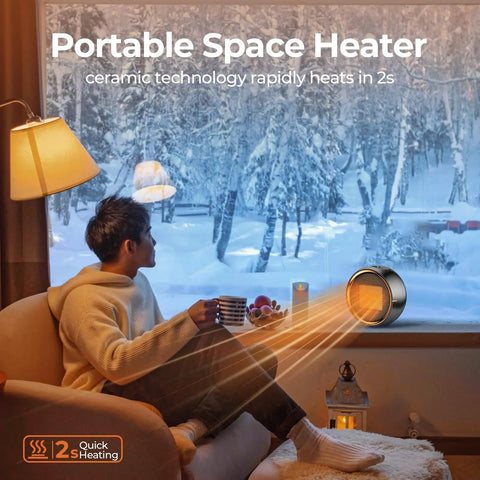 Portable 500W PTC Ceramic Space Heater For Indoor Use, Quiet Fast Heating, shown warming living room by window
