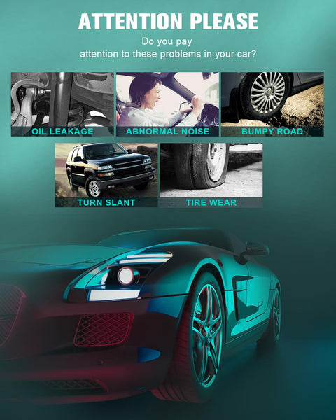 Car with images highlighting common issues like oil leakage, abnormal noise, and tire wear, alongside sleek car model.