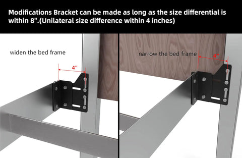 Heavy Duty Bed Frame Bracket Adapter For Headboard Conversion Full To Queen Solid Steel Offset Plates shown with adjustment measurements.