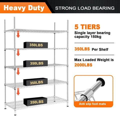 Heavy Duty 5 Tier Chrome Wire Shelving Rack Extra Tough Steel Storage Shelf Built Like A Tank Rust Resistant Pantry Organizer 48 Inch Wide 350 Pound Capacity Game Changer For Home Garages Workspaces